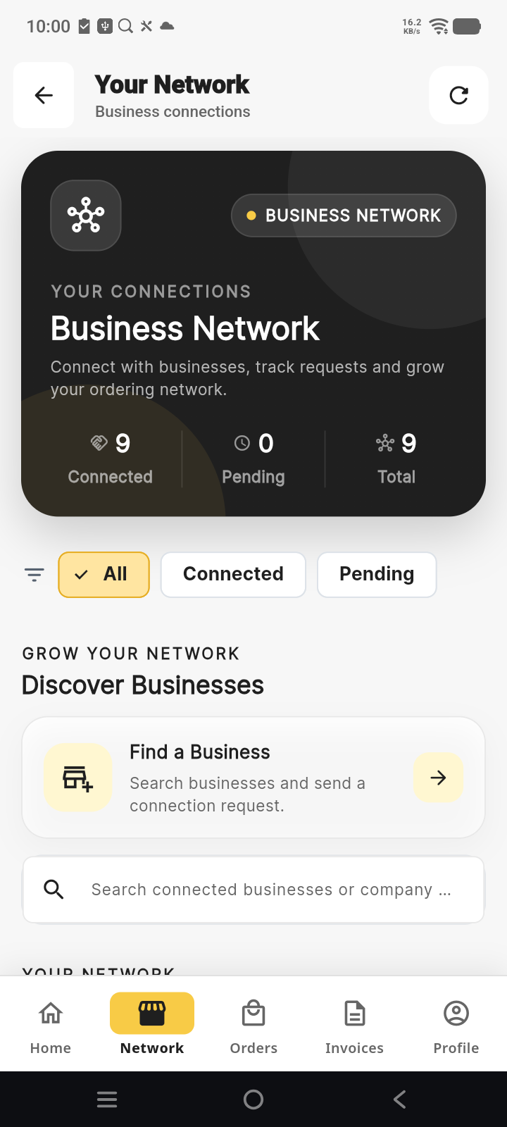 Tathra customer Network screen showing connected businesses