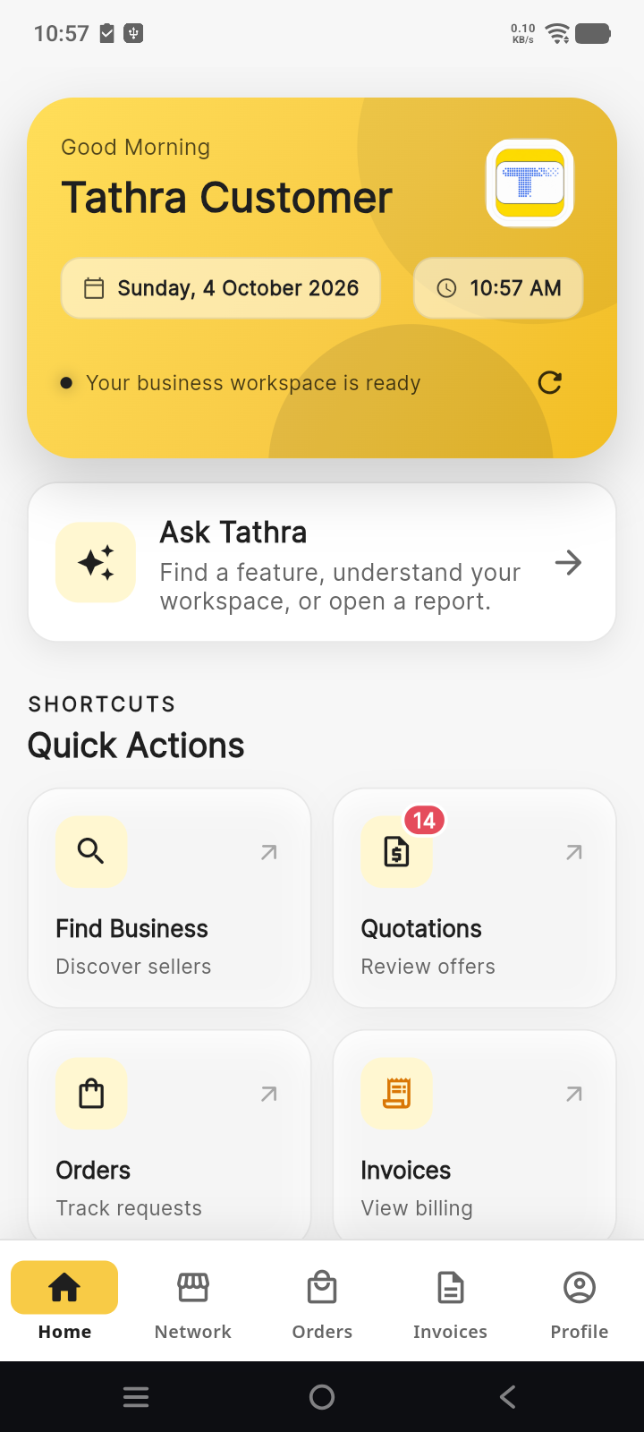 Tathra customer home showing connected business actions
