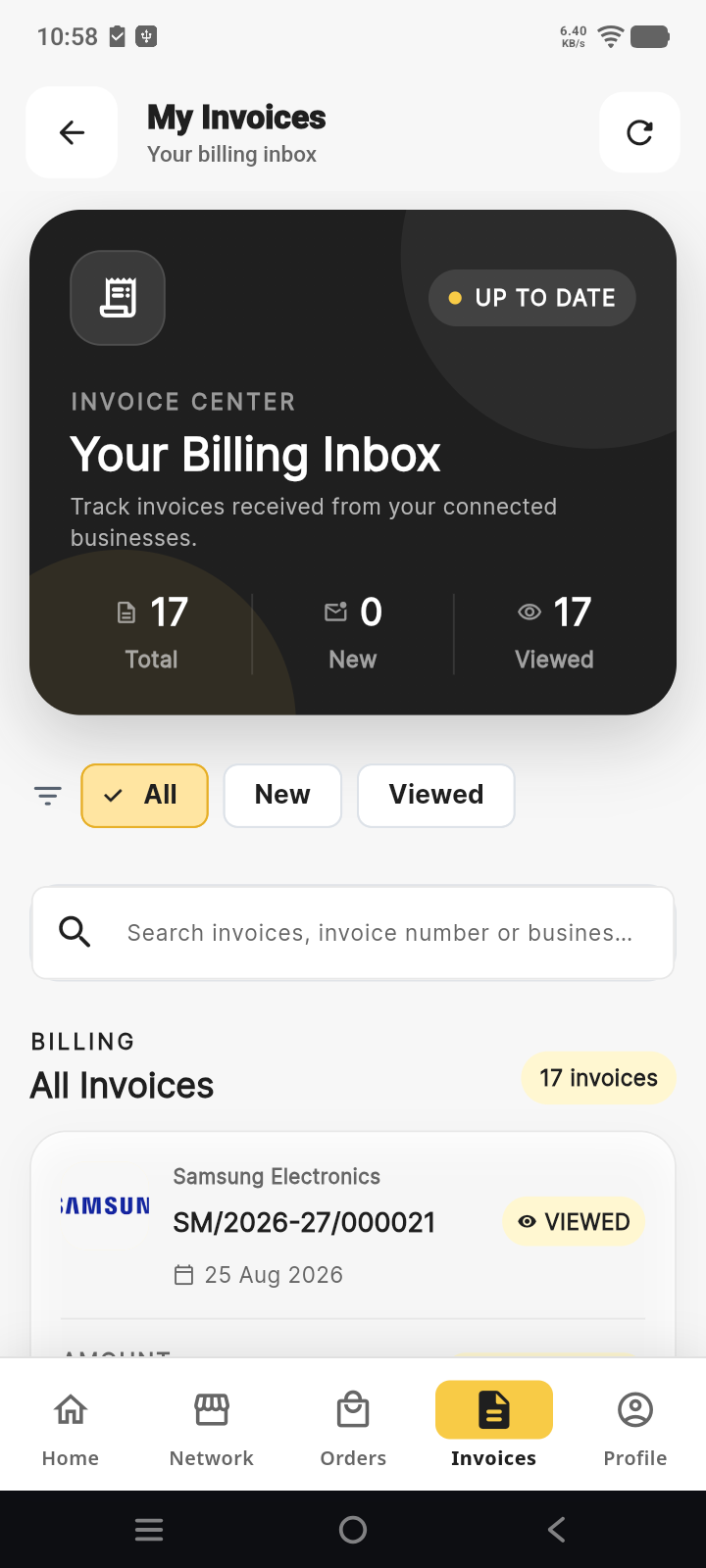 Tathra customer billing inbox with received invoices